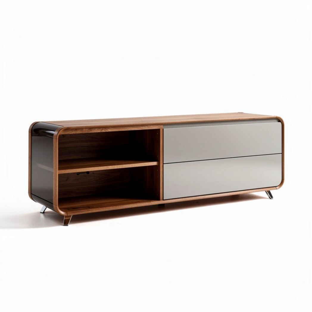 Televisiekast van hout en glas met twee lades en open vakken 150 x 40 x 50cm