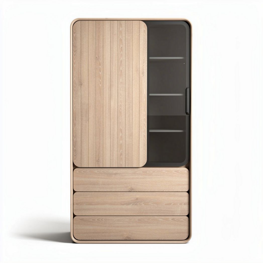 Houten koelkast met drie lades en glazen deur 60 x 40 x 180cm
