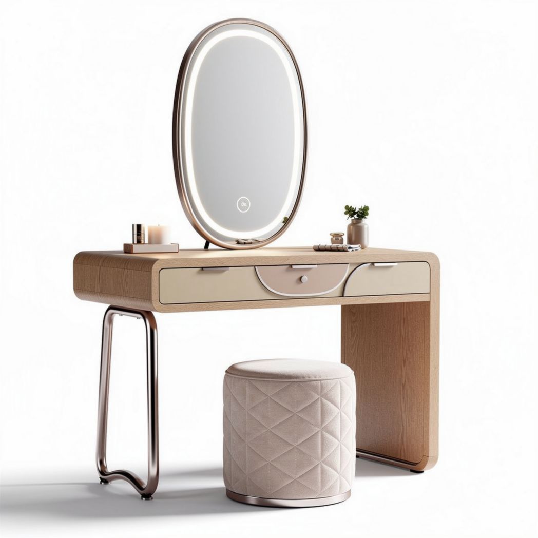 Make-up tafel met ovale spiegel en stoffen poef in beige 120 x 50 x 75cm