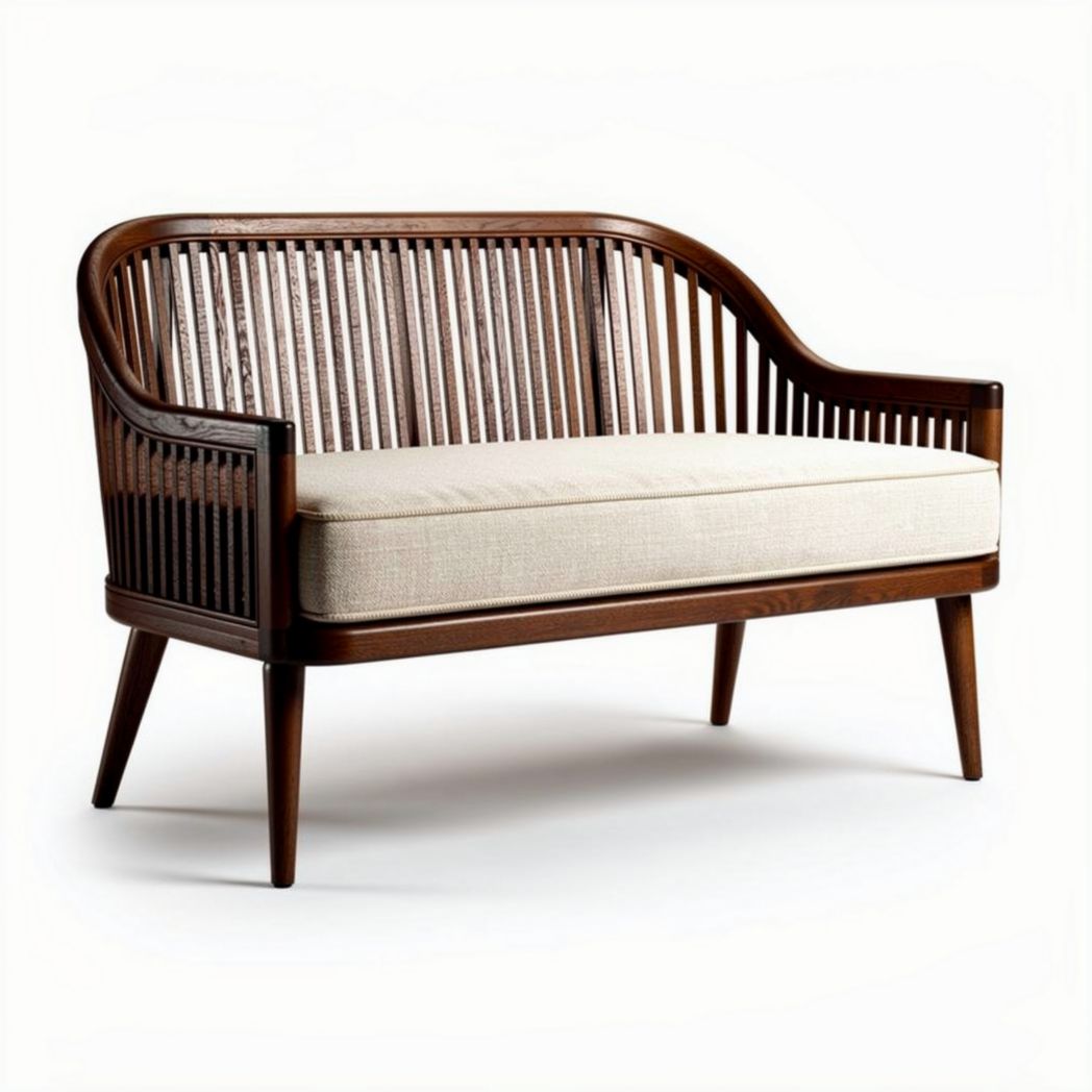 Houten bank met rotan rugleuning en lichtgekleurde kussens 100 x 70 x 80cm
