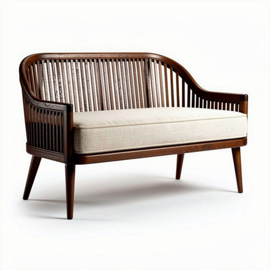 Houten bank met rotan rugleuning en lichtgekleurde kussens 100 x 70 x 80cm