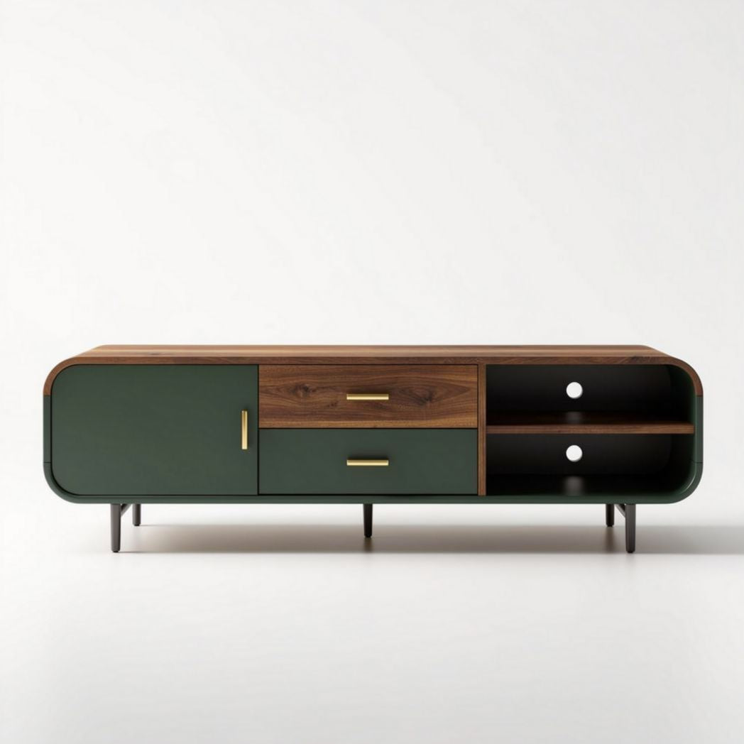 moderne tv-kast van hout in groen met afmetingen 120 x 40 x 45cm