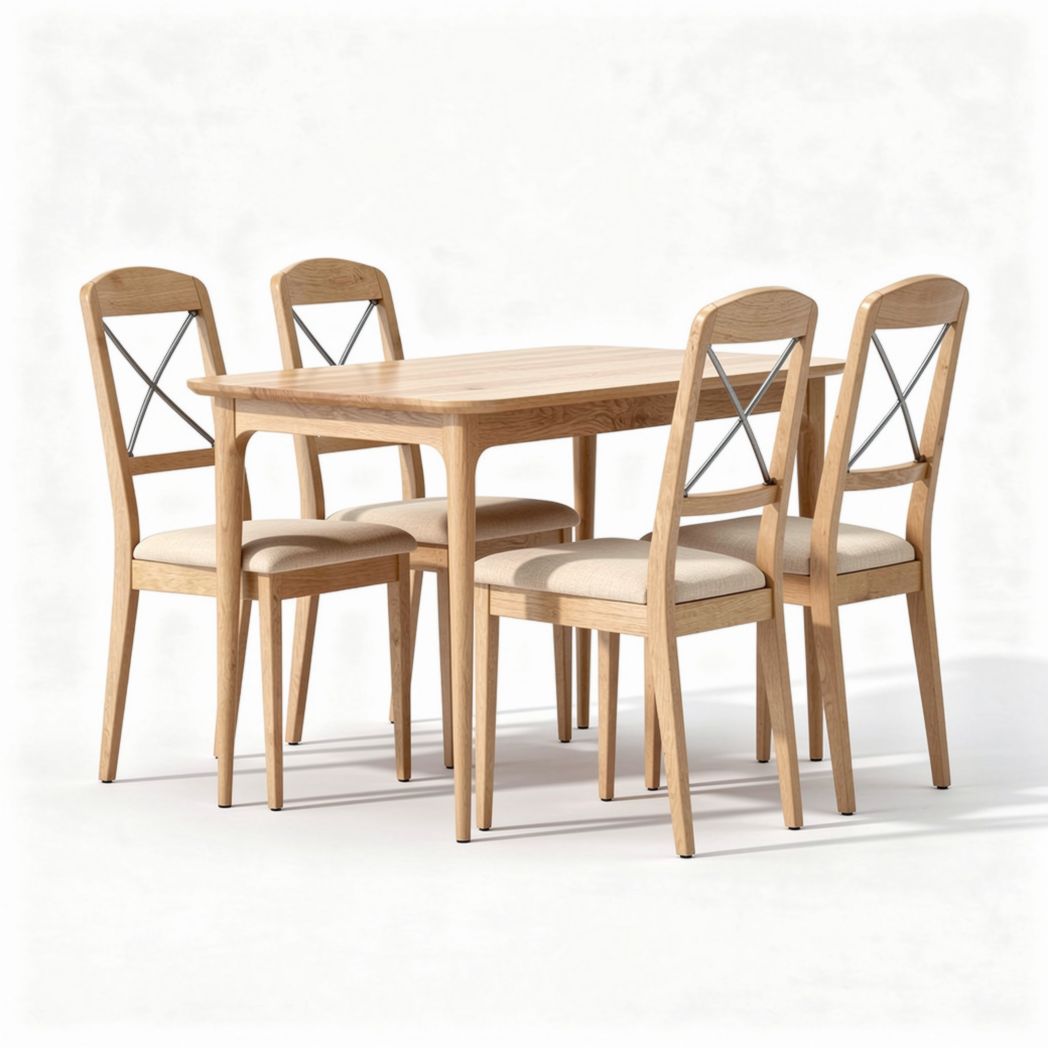 Eetkamerset van hout met vier stoelen en een tafel van 150 x 90 x 75cm