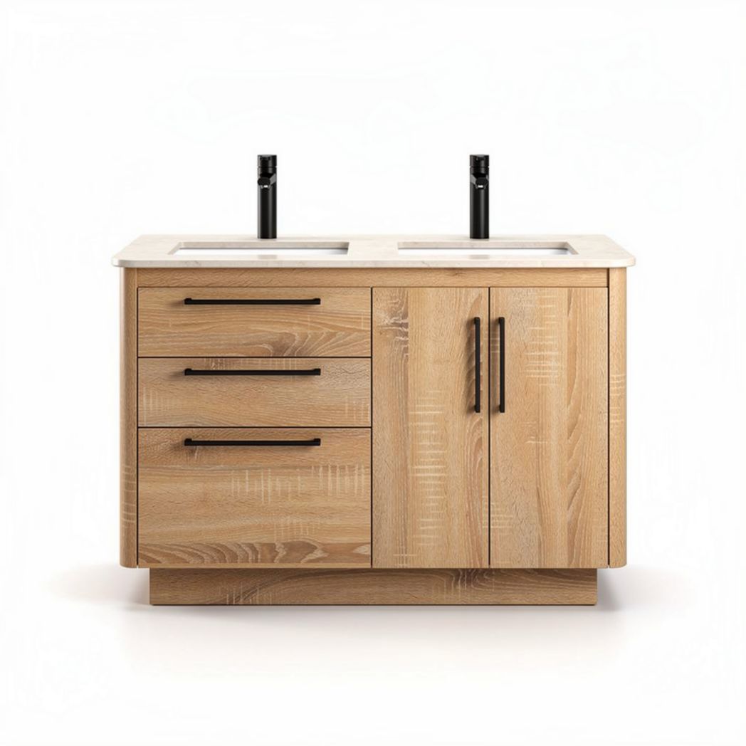 Houten badkamermeubel met marmeren wastafel en dubbele spoeluniteiten 100 x 50 x 85cm