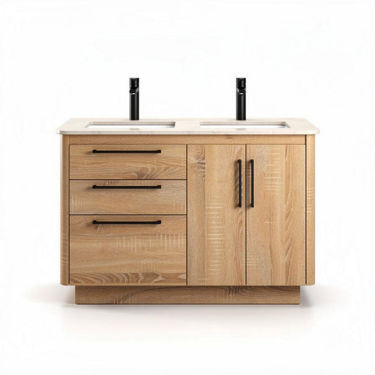 Houten badkamermeubel met marmeren wastafel en dubbele spoeluniteiten 100 x 50 x 85cm