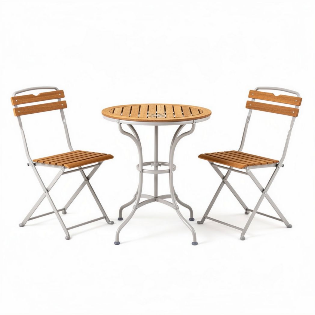Bistroset van acaciahout en metaal met ronde tafel en twee stoelen 60 x 60 x 75cm