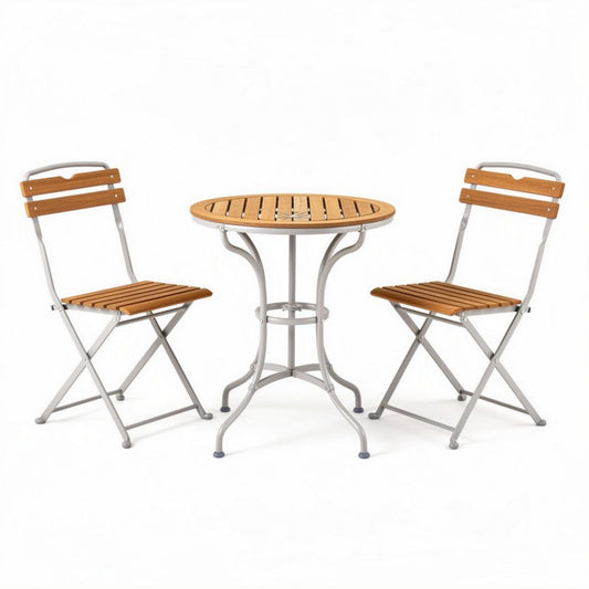 Bistroset van acaciahout en metaal met ronde tafel en twee stoelen 60 x 60 x 75cm