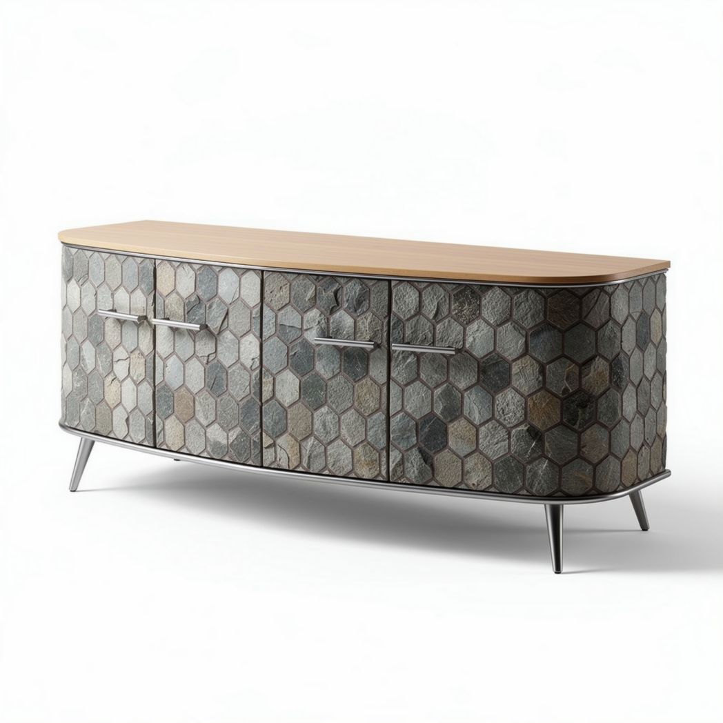 Dressoir van hexagonale stenen met houten top 150 x 45 x 60cm