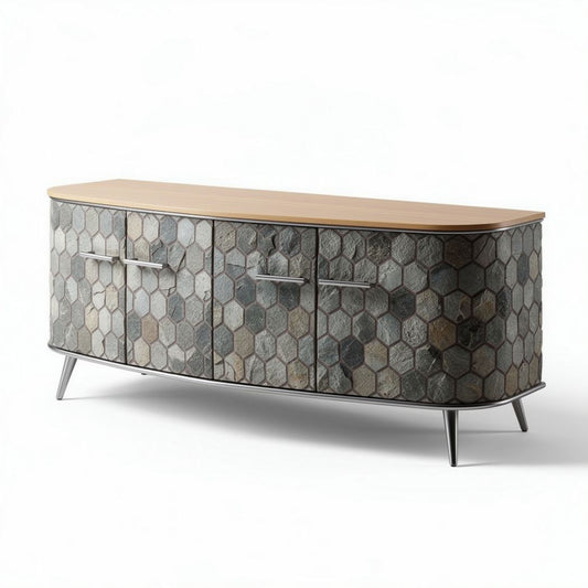 Dressoir van hexagonale stenen met houten top 150 x 45 x 60cm